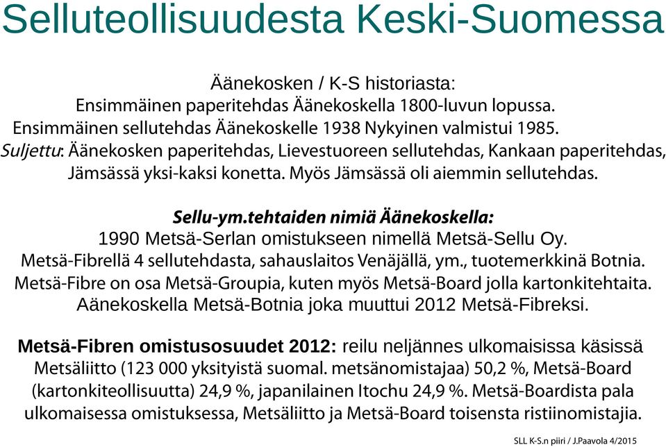 tehtaiden nimiä Äänekoskella: 1990 Metsä-Serlan omistukseen nimellä Metsä-Sellu Oy. Metsä-Fibrellä 4 sellutehdasta, sahauslaitos Venäjällä, ym., tuotemerkkinä Botnia.