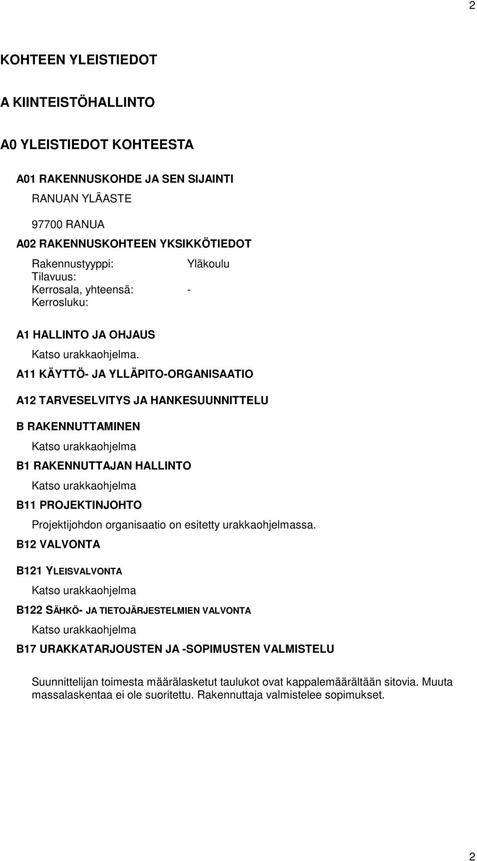 A11 KÄYTTÖ- JA YLLÄPITO-ORGANISAATIO A12 TARVESELVITYS JA HANKESUUNNITTELU B RAKENNUTTAMINEN Katso urakkaohjelma B1 RAKENNUTTAJAN HALLINTO Katso urakkaohjelma B11 PROJEKTINJOHTO Projektijohdon