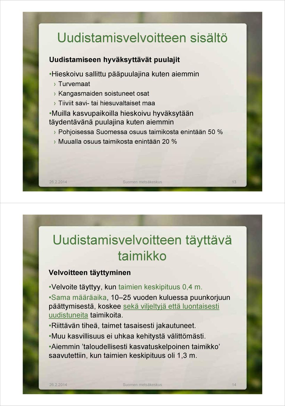 % 26.2.2014 Suomen metsäkeskus 13 Uudistamisvelvoitteen täyttävä taimikko Velvoitteen täyttyminen Velvoite täyttyy, kun taimien keskipituus 0,4 m.