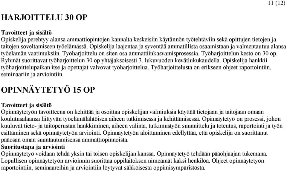 Ryhmät suorittavat työharjoittelun 30 op yhtäjaksoisesti 3. lukuvuoden kevätlukukaudella. hankkii työharjoittelupaikan itse ja opettajat valvovat työharjoittelua.
