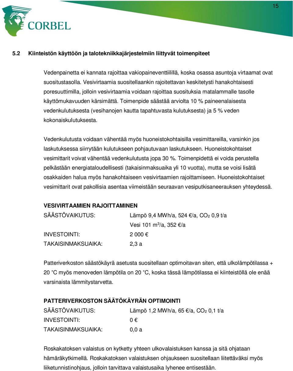 Toimenpide säästää arviolta 10 % paineenalaisesta vedenkulutuksesta (vesihanojen kautta tapahtuvasta kulutuksesta) ja 5 % veden kokonaiskulutuksesta.