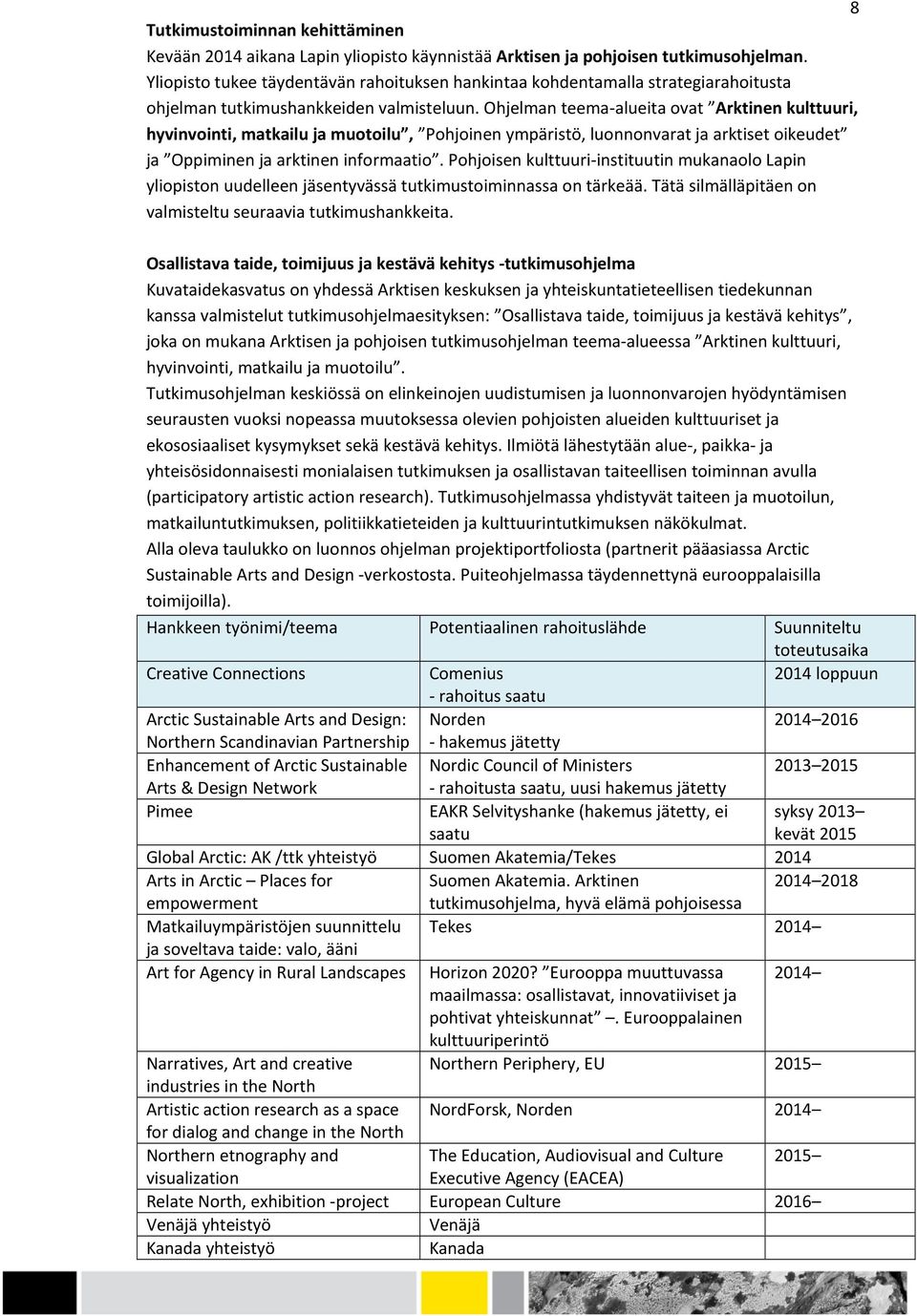 Ohjelman teema- alueita ovat Arktinen kulttuuri, hyvinvointi, matkailu ja muotoilu, Pohjoinen ympäristö, luonnonvarat ja arktiset oikeudet ja Oppiminen ja arktinen informaatio.