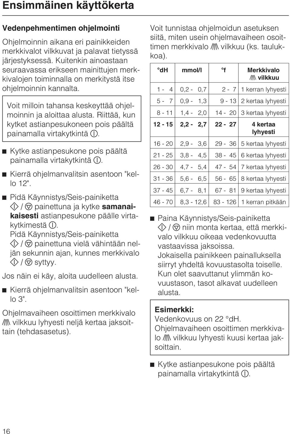 Riittää, kun kytket astianpesukoneen pois päältä painamalla virtakytkintä K. ^ Kytke astianpesukone pois päältä painamalla virtakytkintä K. ^ Kierrä ohjelmanvalitsin asentoon "kello 12".