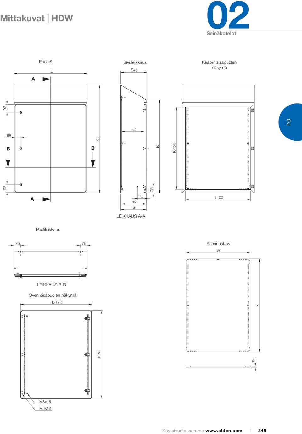 SECTION A-A Sectional Päälileikkaus top view 75 75 Mounting Asennuslevy plate w SECTION LEIKKAUS B-B B-B