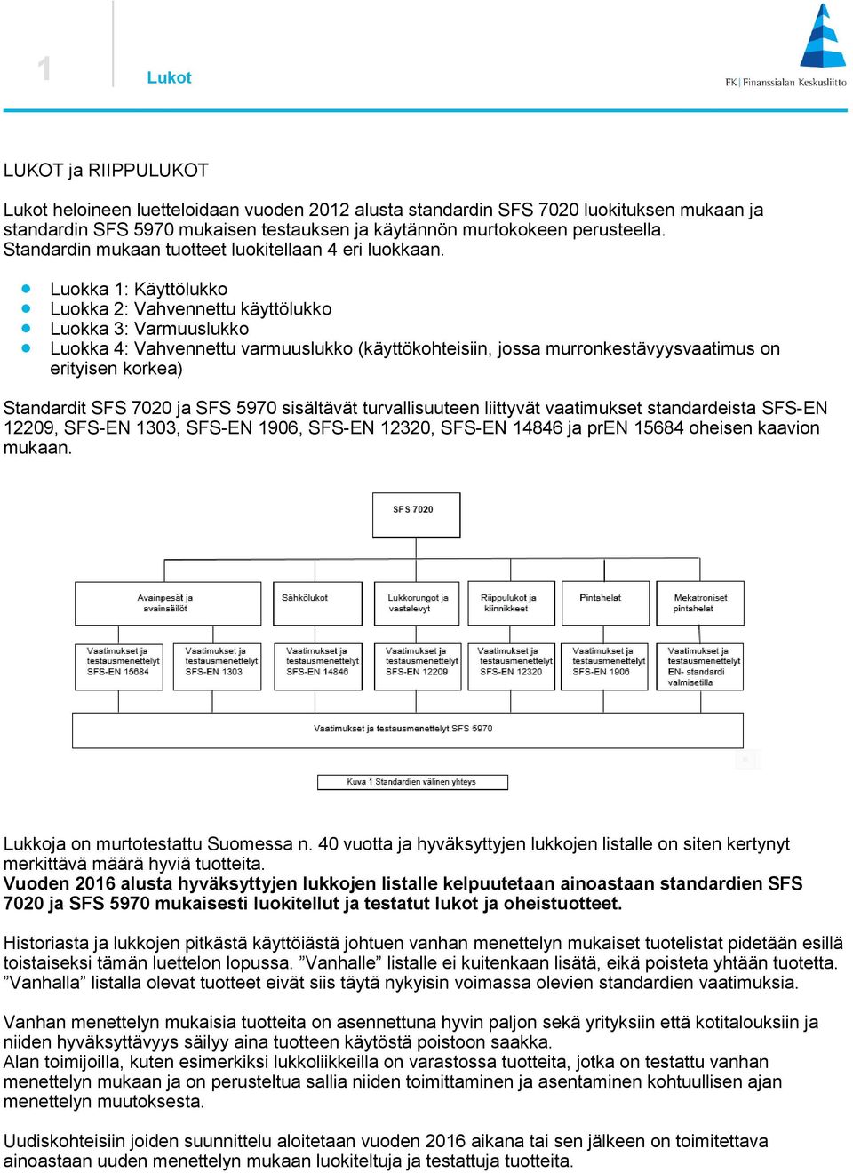 Luokka 1: Käyttölukko Luokka 2: Vahvennettu käyttölukko Luokka 3: Varmuuslukko Luokka 4: Vahvennettu varmuuslukko (käyttökohteisiin, jossa murronkestävyysvaatimus on erityisen korkea) Standardit SFS