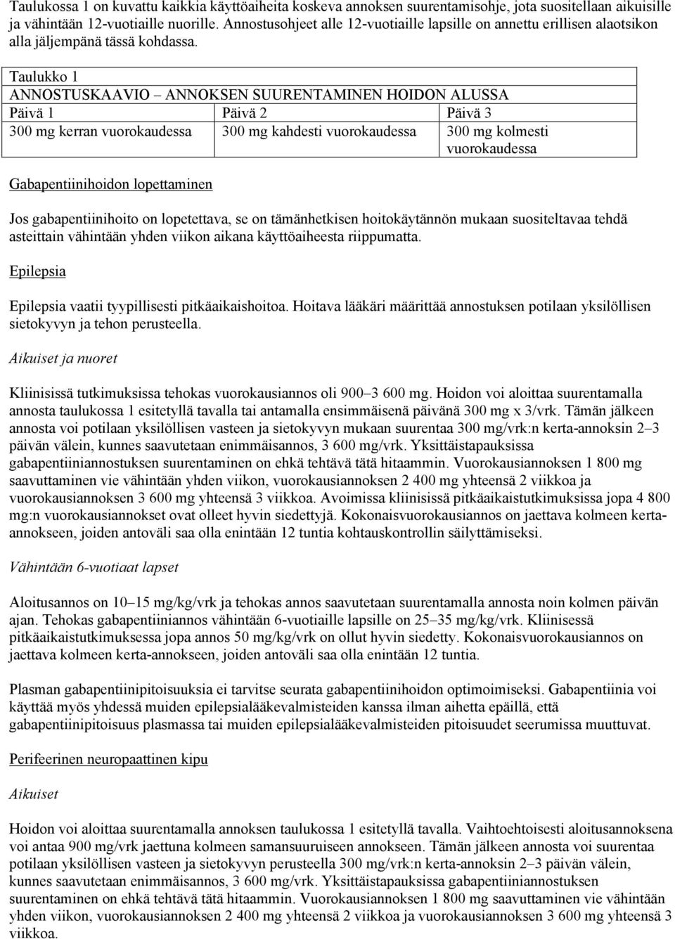 Taulukko 1 ANNOSTUSKAAVIO ANNOKSEN SUURENTAMINEN HOIDON ALUSSA Päivä 1 Päivä 2 Päivä 3 300 mg kerran vuorokaudessa 300 mg kahdesti vuorokaudessa 300 mg kolmesti vuorokaudessa Gabapentiinihoidon