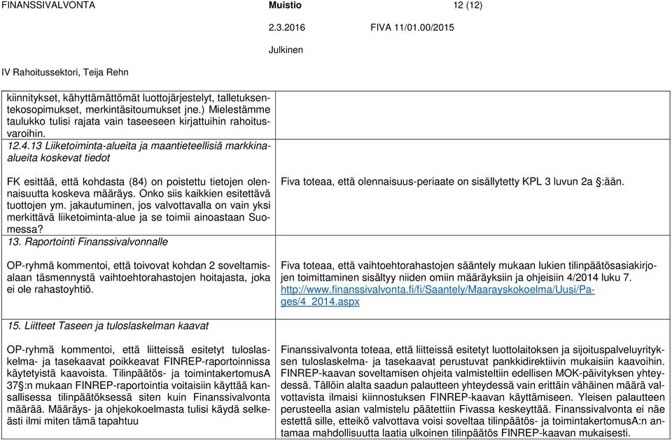 13 Liiketoiminta-alueita ja maantieteellisiä markkinaalueita koskevat tiedot FK esittää, että kohdasta (84) on poistettu tietojen olennaisuutta koskeva määräys.