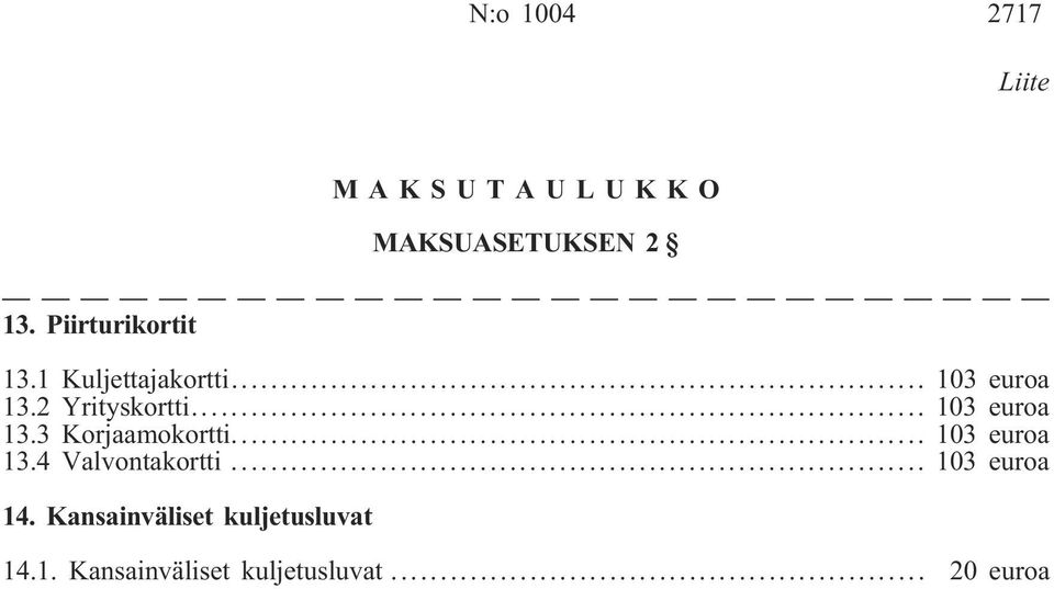 .. 103 euroa 13.3 Korjaamokortti... 103 euroa 13.4 Valvontakortti.