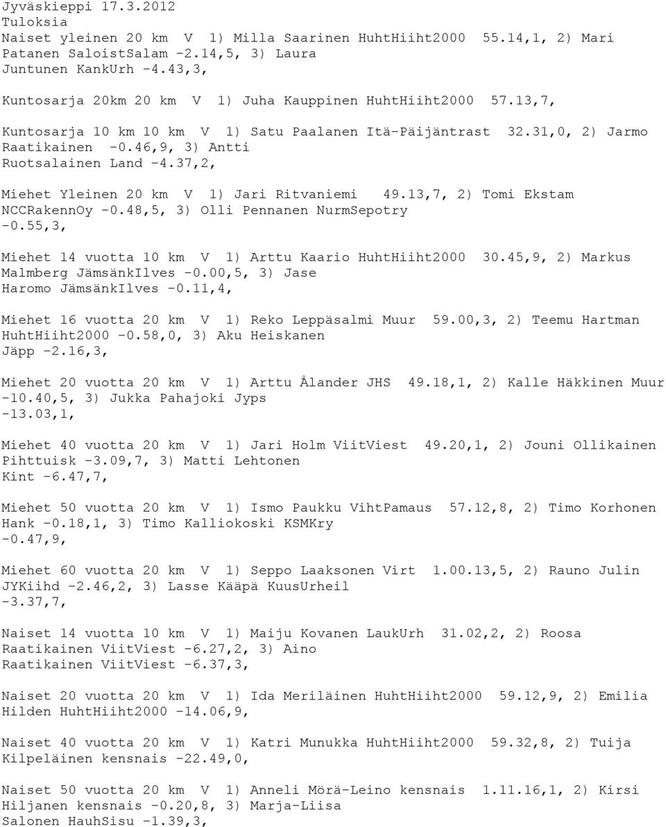 37,2, Miehet Yleinen 20 km V 1) Jari Ritvaniemi 49.13,7, 2) Tomi Ekstam NCCRakennOy -0.48,5, 3) Olli Pennanen NurmSepotry -0.55,3, Miehet 14 vuotta 10 km V 1) Arttu Kaario HuhtHiiht2000 30.