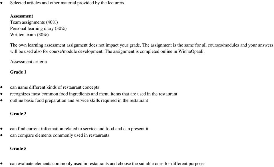 The assignment is the same for all courses/modules and your answers will be used also for course/module development. The assignment is completed online in WinhaOpaali.