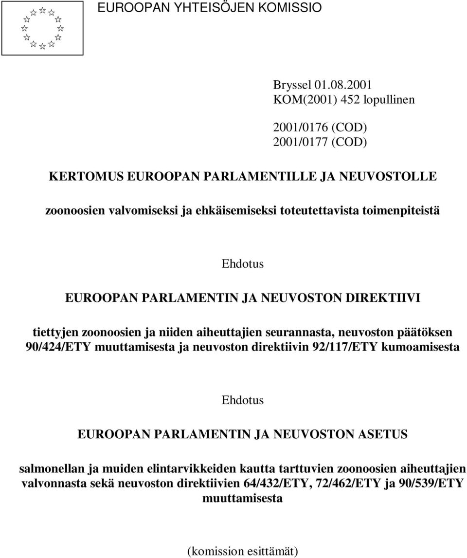 toimenpiteistä Ehdotus EUROOPAN PARLAMENTIN JA NEUVOSTON DIREKTIIVI tiettyjen zoonoosien ja niiden aiheuttajien seurannasta, neuvoston päätöksen 90/424/ETY