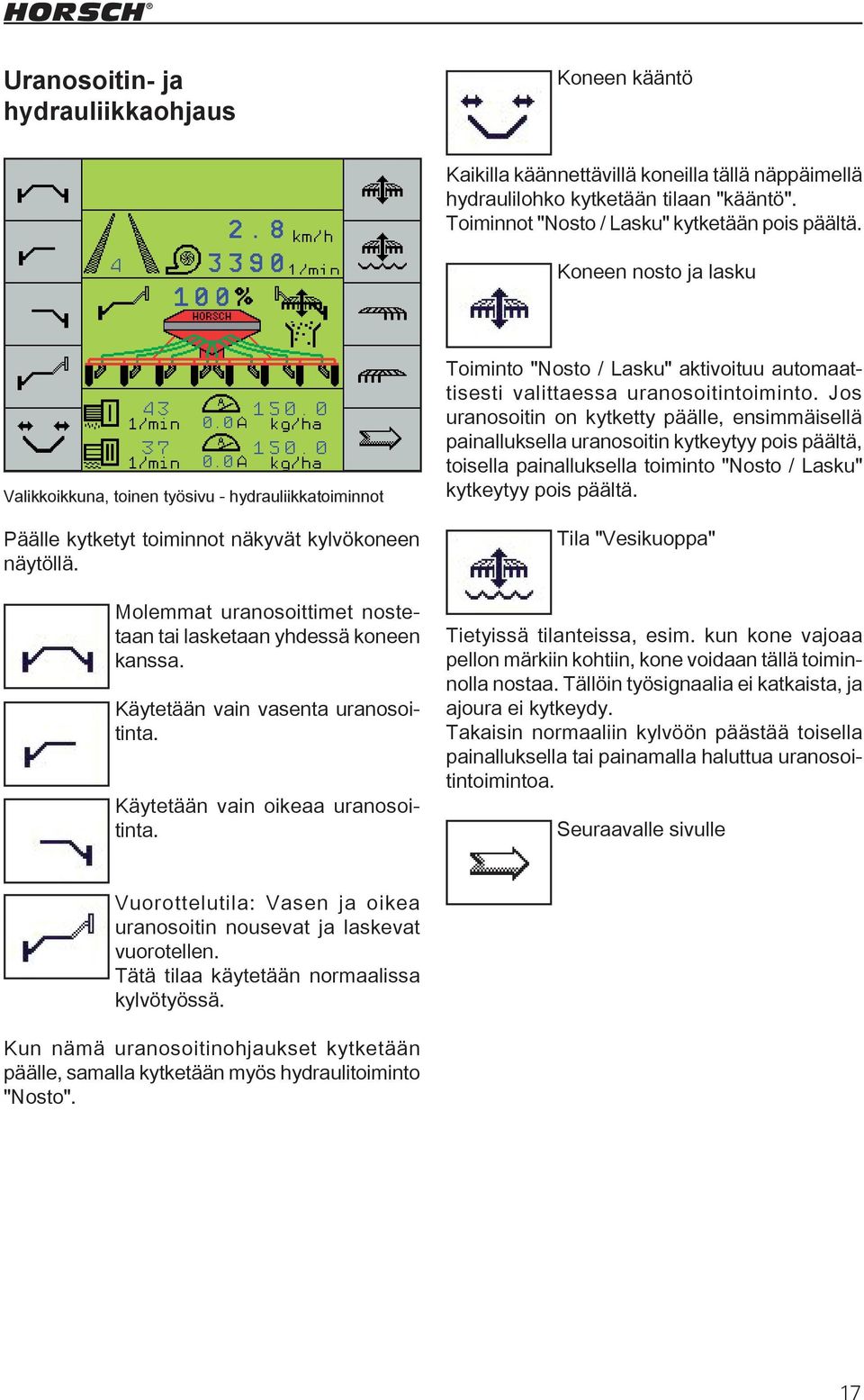 Molemmat uranosoittimet nostetaan tai lasketaan yhdessä koneen kanssa. Käytetään vain vasenta uranosoitinta. Käytetään vain oikeaa uranosoitinta.