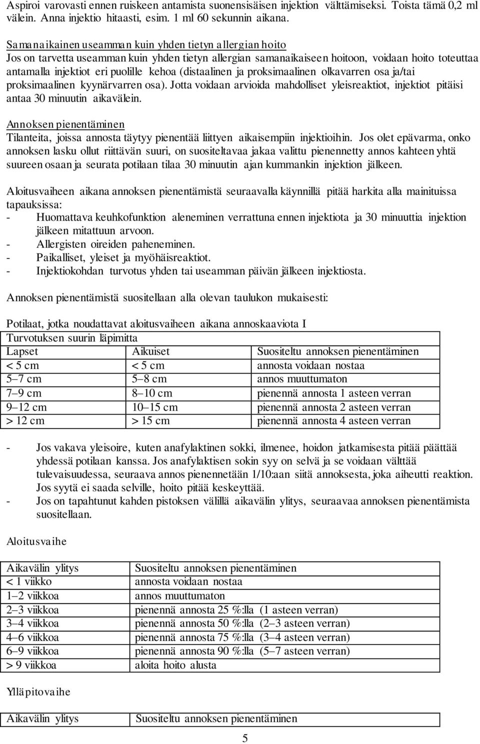 (distaalinen ja proksimaalinen olkavarren osa ja/tai proksimaalinen kyynärvarren osa). Jotta voidaan arvioida mahdolliset yleisreaktiot, injektiot pitäisi antaa 30 minuutin aikavälein.