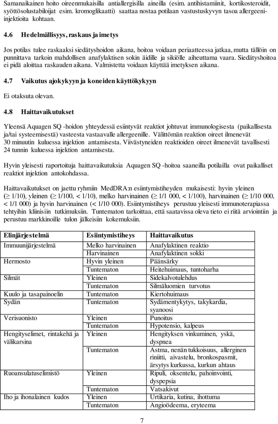 6 Hedelmällisyys, raskaus ja imetys Jos potilas tulee raskaaksi siedätyshoidon aikana, hoitoa voidaan periaatteessa jatkaa, mutta tällöin on punnittava tarkoin mahdollisen anafylaktisen sokin äidille