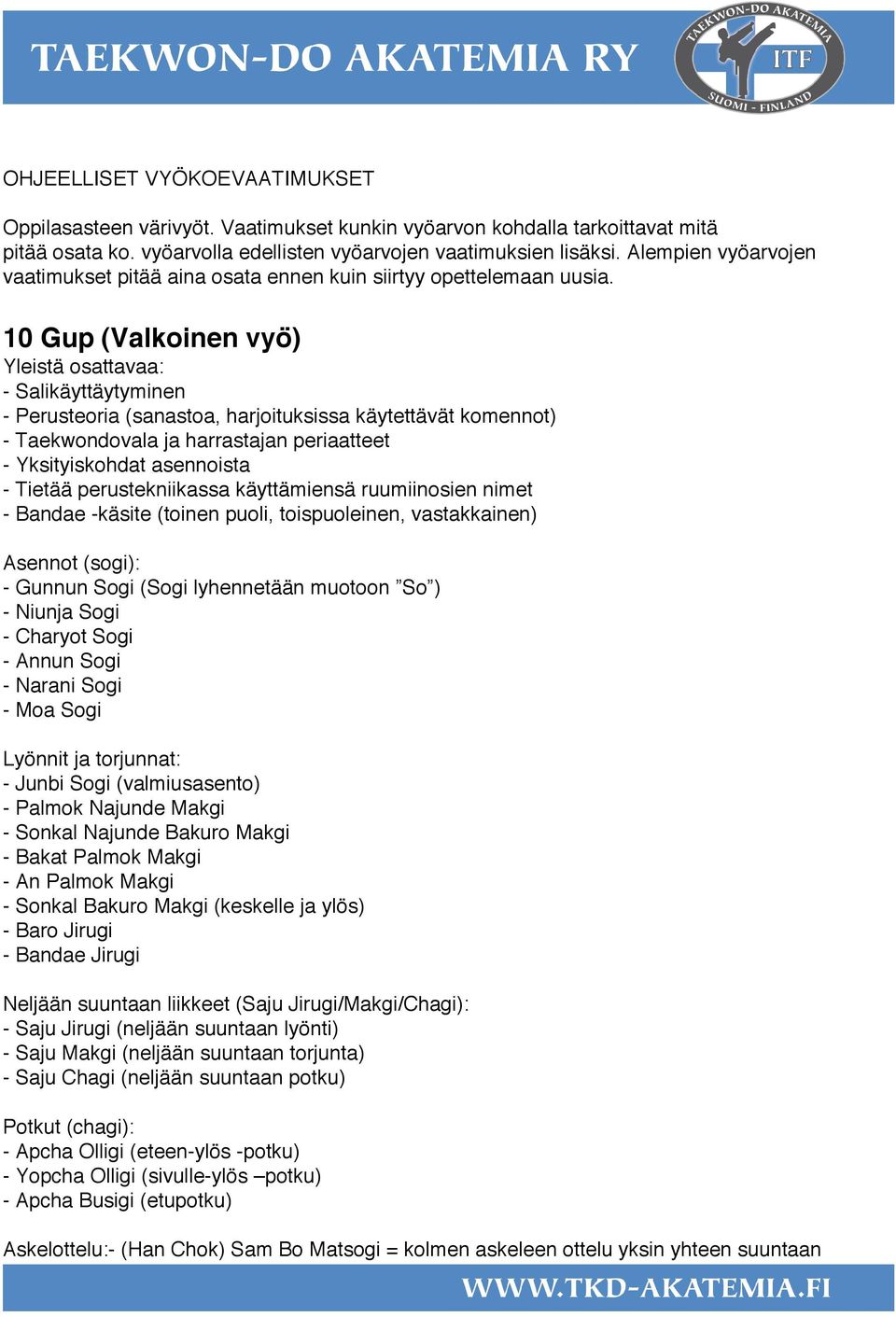 10 Gup (Valkoinen vyö) Yleistä osattavaa: - Salikäyttäytyminen - Perusteoria (sanastoa, harjoituksissa käytettävät komennot) - Taekwondovala ja harrastajan periaatteet - Yksityiskohdat asennoista -