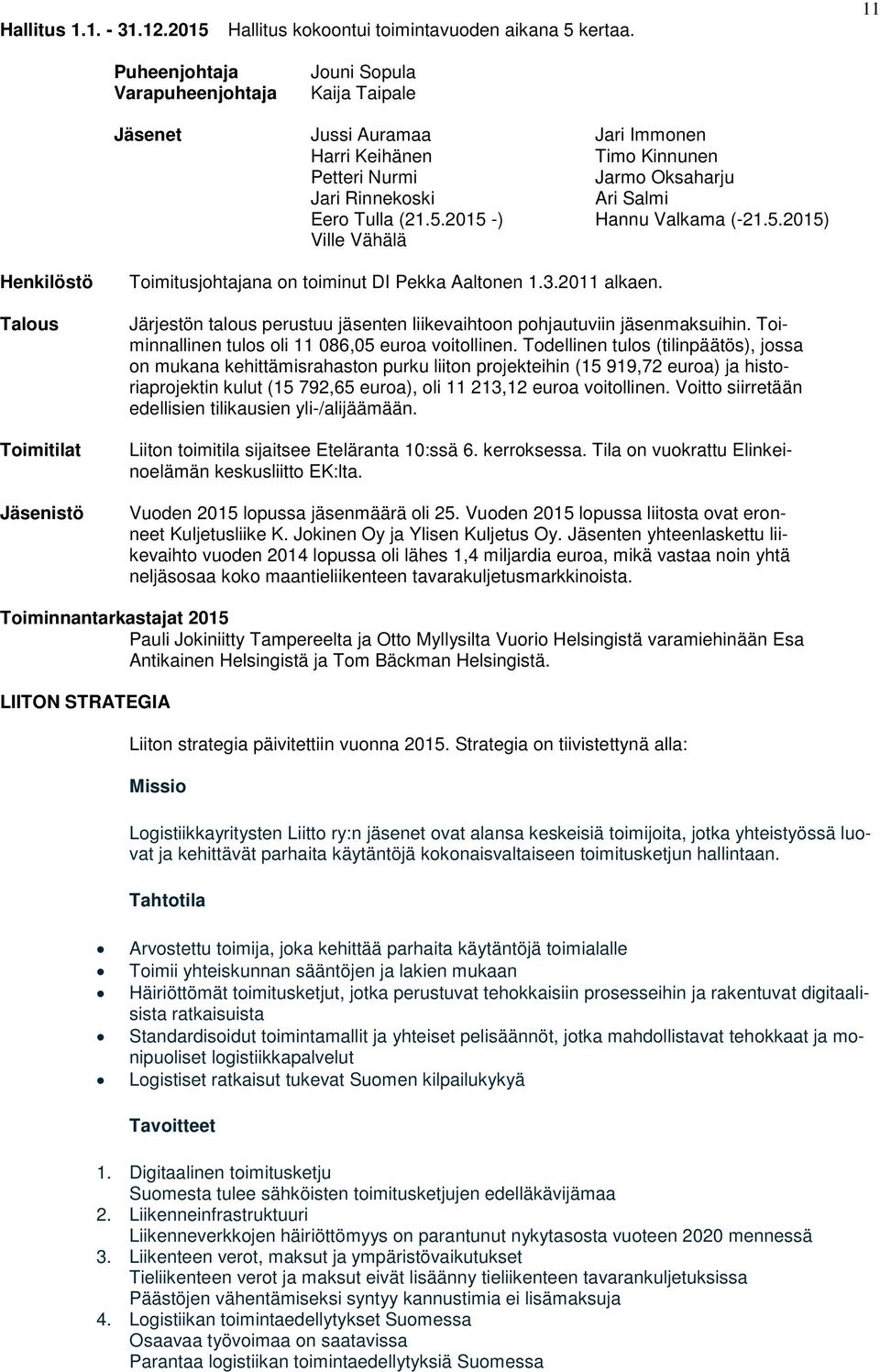 2015 -) Hannu Valkama (-21.5.2015) Ville Vähälä Henkilöstö Talous Toimitilat Jäsenistö Toimitusjohtajana on toiminut DI Pekka Aaltonen 1.3.2011 alkaen.