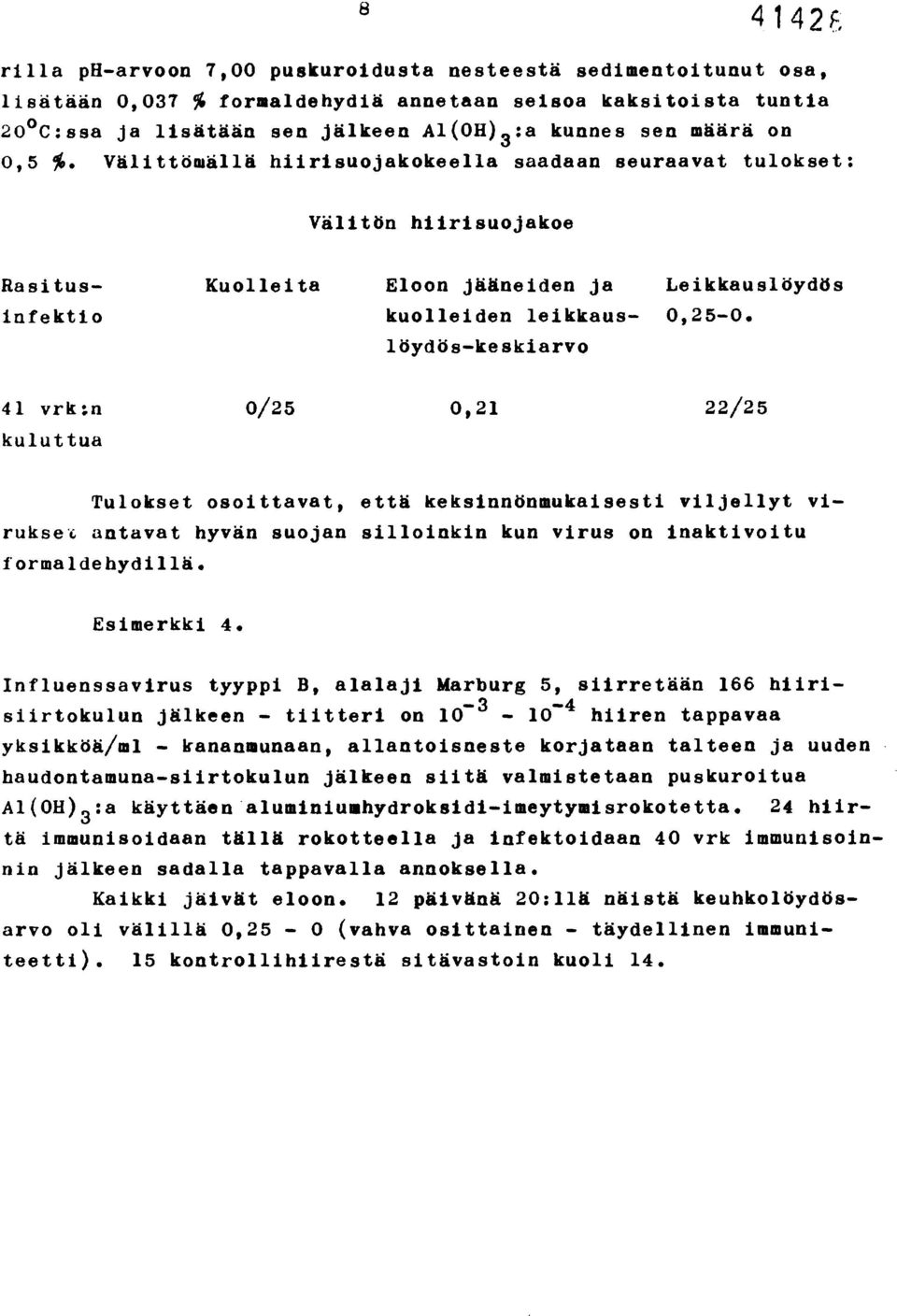 löydös-keskiarvo 41 vrk:n kuluttua 0/25 0,21 22/25 Tulokset osoittavat, että keksinnönmukaisesti viljellyt virukse'6 antavat hyvän suojan silloinkin kun virus on inaktivoitu formaldehydillä.