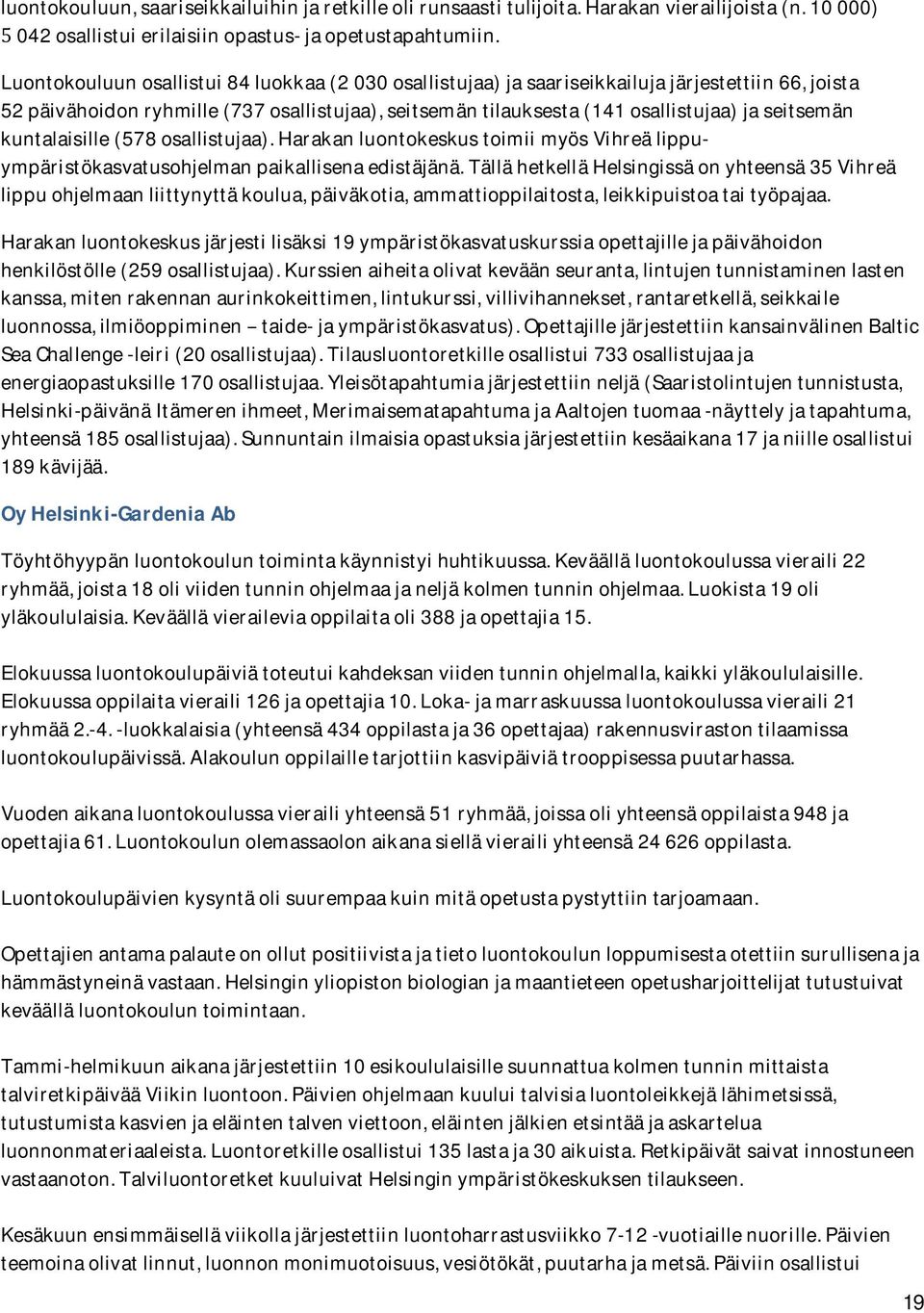 kuntalaisille (578 osallistujaa). Harakan luontokeskus toimii myös Vihreä lippuympäristökasvatusohjelman paikallisena edistäjänä.