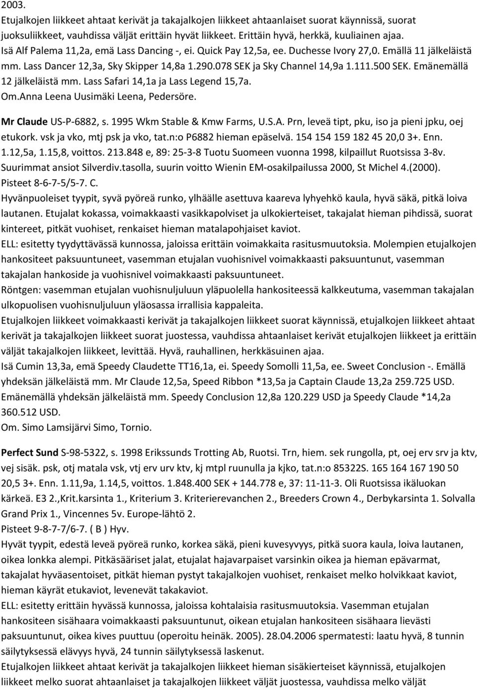 078 SEK ja Sky Channel 14,9a 1.111.500 SEK. Emänemällä 12 jälkeläistä mm. Lass Safari 14,1a ja Lass Legend 15,7a. Om.Anna Leena Uusimäki Leena, Pedersöre. Mr Claude US P 6882, s.