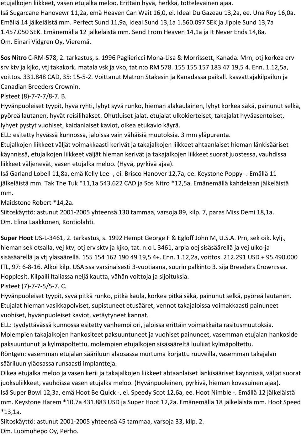 Einari Vidgren Oy, Vieremä. Sos Nitro C RM 578, 2. tarkastus, s. 1996 Pagliericci Mona Lisa & Morrissett, Kanada. Mrn, otj korkea erv srv ktv ja kjko, vtj takakork. matala vsk ja vko, tat.n:o RM 578.