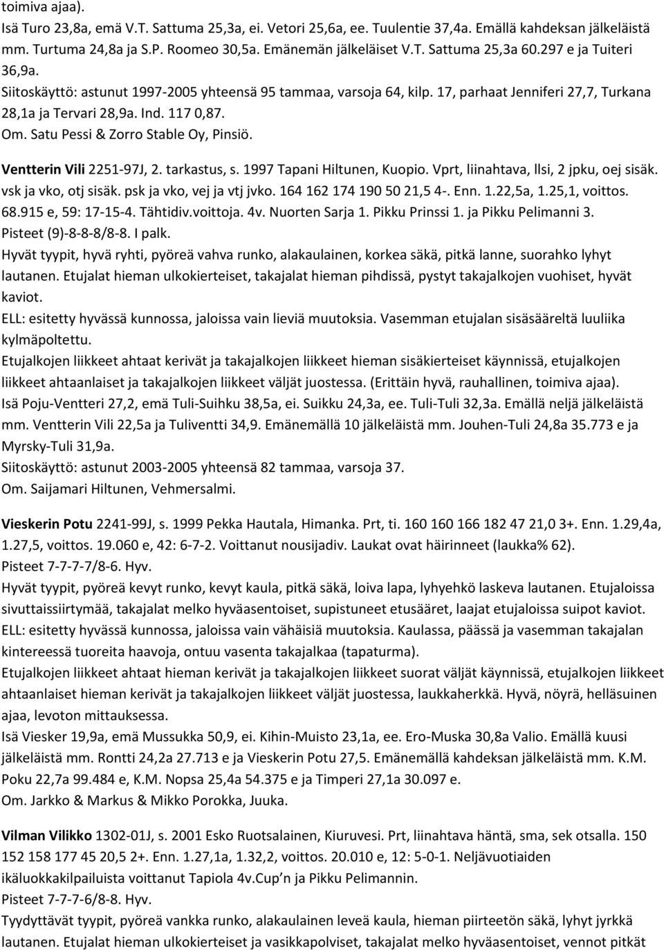 Satu Pessi & Zorro Stable Oy, Pinsiö. Ventterin Vili 2251 97J, 2. tarkastus, s. 1997 Tapani Hiltunen, Kuopio. Vprt, liinahtava, llsi, 2 jpku, oej sisäk. vsk ja vko, otj sisäk.