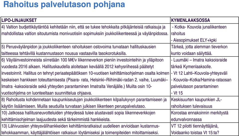 rahoitus - Aiesopimukset i ELY+kpki ki 5) Perusväylänpidon ja joukkoliikenteen rahoituksen ostovoima turvataan hallituskausien Tärkeä, jotta alemman tieverkon taitteessa tehtävillä kustannustason