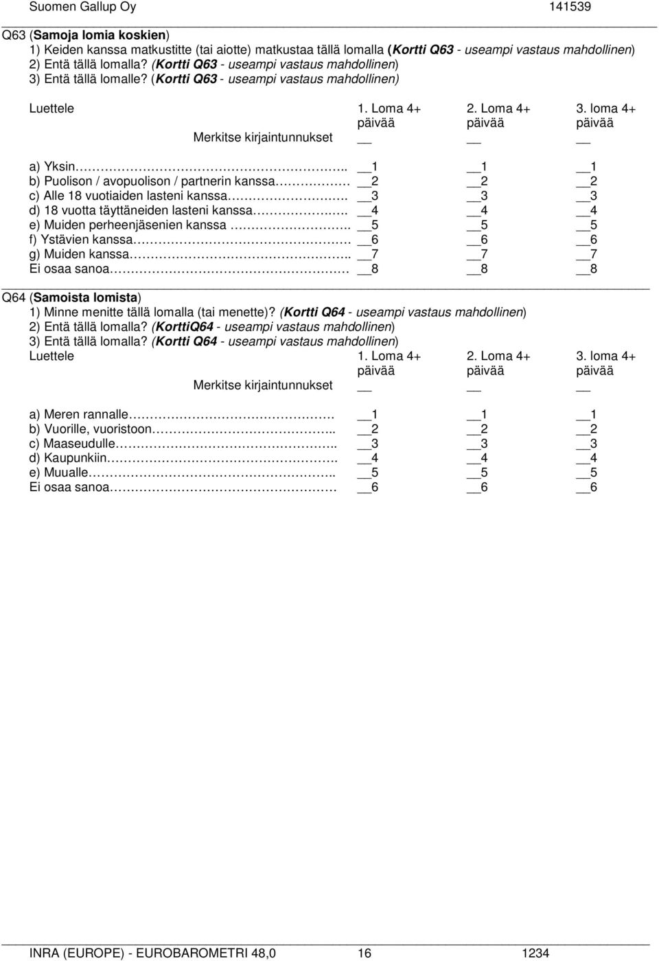 loma 4+ päivää päivää päivää Merkitse kirjaintunnukset a) Yksin.. 1 1 1 b) Puolison / avopuolison / partnerin kanssa 2 2 2 c) Alle 18 vuotiaiden lasteni kanssa.