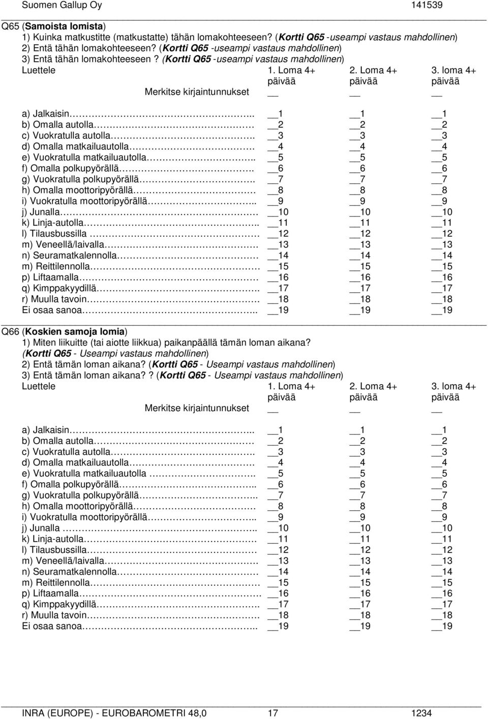 loma 4+ päivää päivää päivää Merkitse kirjaintunnukset a) Jalkaisin.. 1 1 1 b) Omalla autolla 2 2 2 c) Vuokratulla autolla. 3 3 3 d) Omalla matkailuautolla. 4 4 4 e) Vuokratulla matkailuautolla.