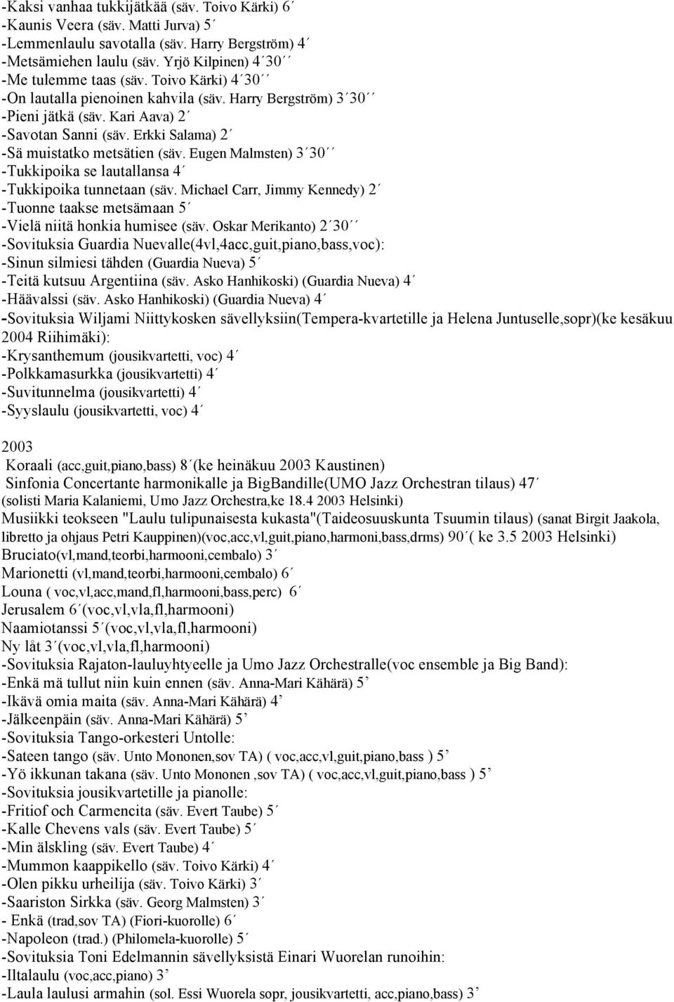 Eugen Malmsten) 3 30 -Tukkipoika se lautallansa 4 -Tukkipoika tunnetaan (säv. Michael Carr, Jimmy Kennedy) 2 -Tuonne taakse metsämaan 5 -Vielä niitä honkia humisee (säv.