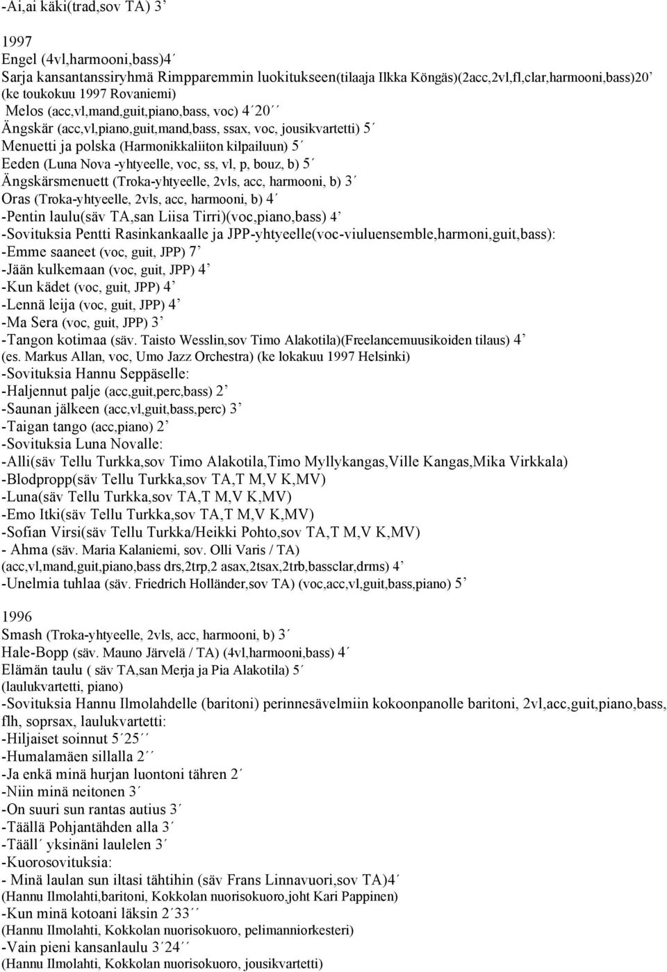 p, bouz, b) 5 Ängskärsmenuett (Troka-yhtyeelle, 2vls, acc, harmooni, b) 3 Oras (Troka-yhtyeelle, 2vls, acc, harmooni, b) 4 -Pentin laulu(säv TA,san Liisa Tirri)(voc,piano,bass) 4 -Sovituksia Pentti