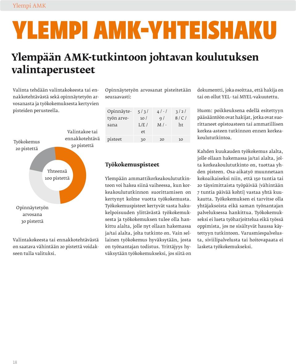 Valintakoe tai ennakkotehtävä Työkokemus 50 pistettä 20 pistettä Yhteensä 100 pistettä Opinnäytetyön arvosana 30 pistettä Valintakokeesta tai ennakkotehtävästä on saatava vähintään 20 pistettä