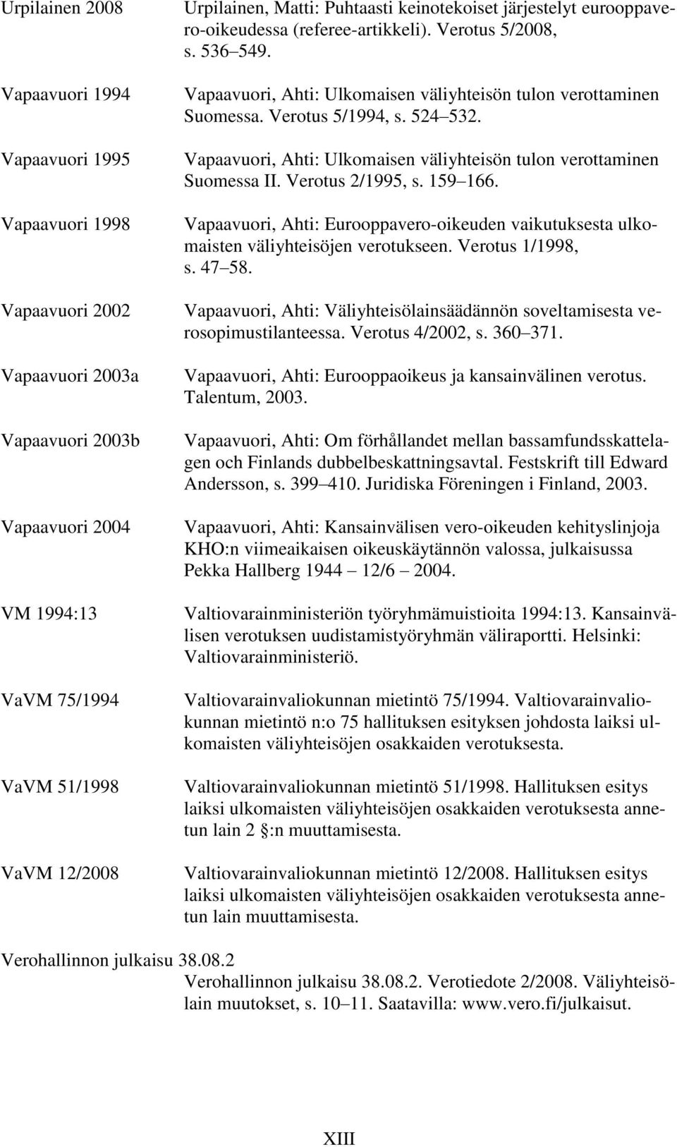 524 532. Vapaavuori, Ahti: Ulkomaisen väliyhteisön tulon verottaminen Suomessa II. Verotus 2/1995, s. 159 166.