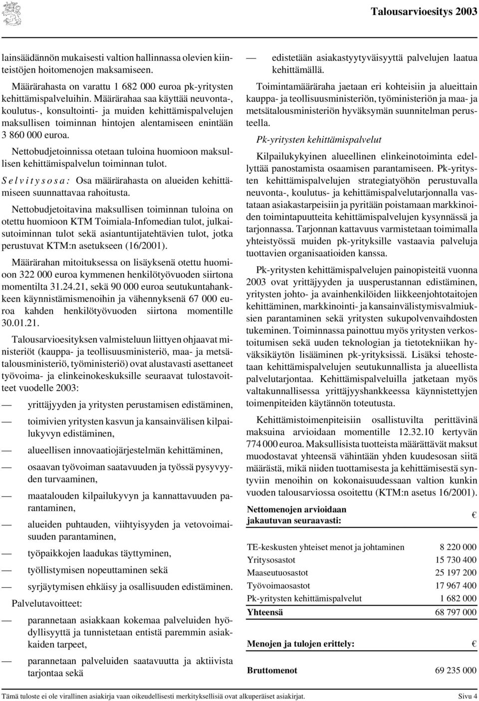 Nettobudjetoinnissa otetaan tuloina huomioon maksullisen kehittämispalvelun toiminnan tulot. S e l v i t y s o s a : Osa määrärahasta on alueiden kehittämiseen suunnattavaa rahoitusta.