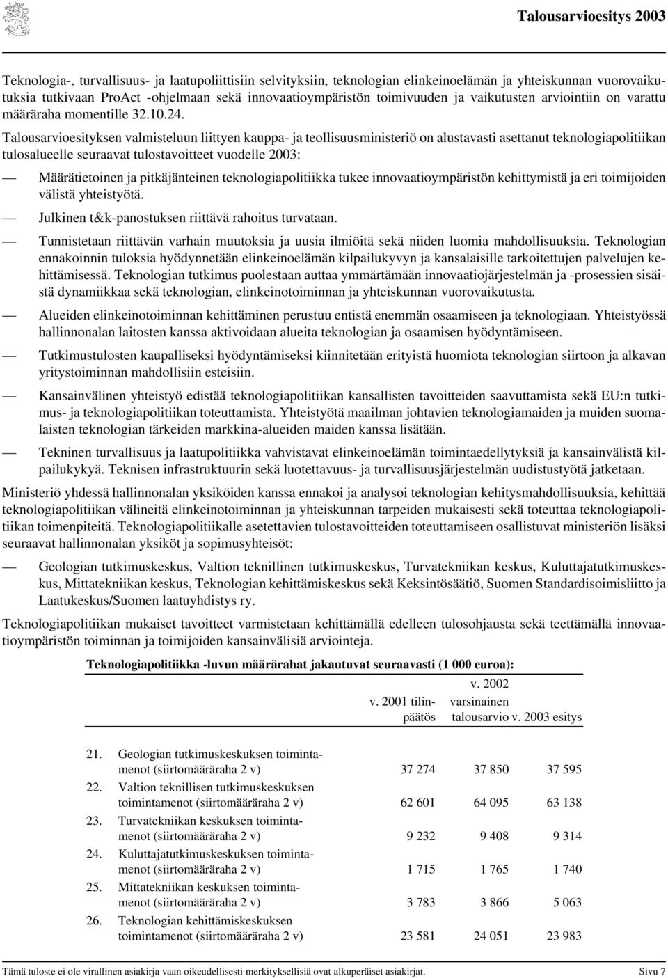 Talousarvioesityksen valmisteluun liittyen kauppa- ja teollisuusministeriö on alustavasti asettanut teknologiapolitiikan tulosalueelle seuraavat tulostavoitteet vuodelle 2003: Määrätietoinen ja