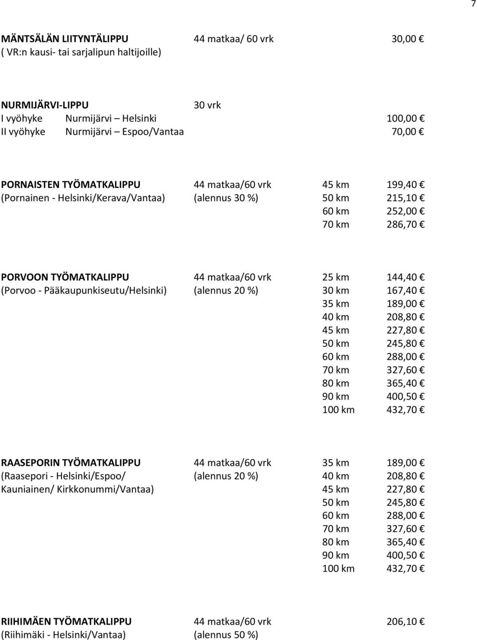 (Porvoo Pääkaupunkiseutu/Helsinki) (alennus 20 %) 30 km 167,40 35 km 189,00 40 km 208,80 45 km 227,80 50 km 245,80 60 km 288,00 70 km 327,60 80 km 365,40 90 km 400,50 100 km 432,70 RAASEPORIN