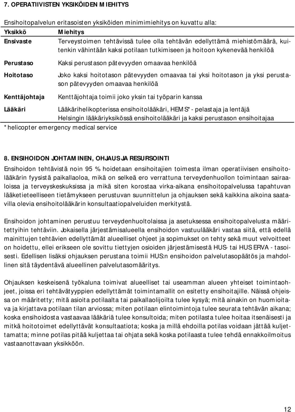 pätevyyden omaavaa tai yksi hoitotason ja yksi perustason pätevyyden omaavaa henkilöä Kenttäjohtaja toimii joko yksin tai työparin kanssa Lääkäri Lääkärihelikopterissa ensihoitolääkäri, HEMS*-