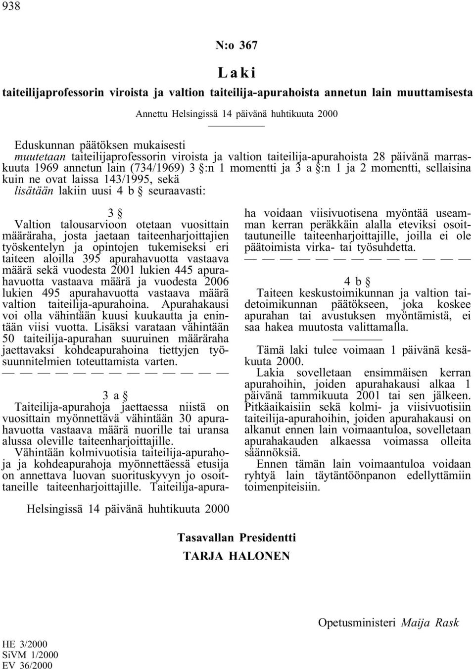 143/1995, sekä lisätään lakiin uusi 4 b seuraavasti: 3 Valtion talousarvioon otetaan vuosittain määräraha, josta jaetaan taiteenharjoittajien työskentelyn ja opintojen tukemiseksi eri taiteen aloilla