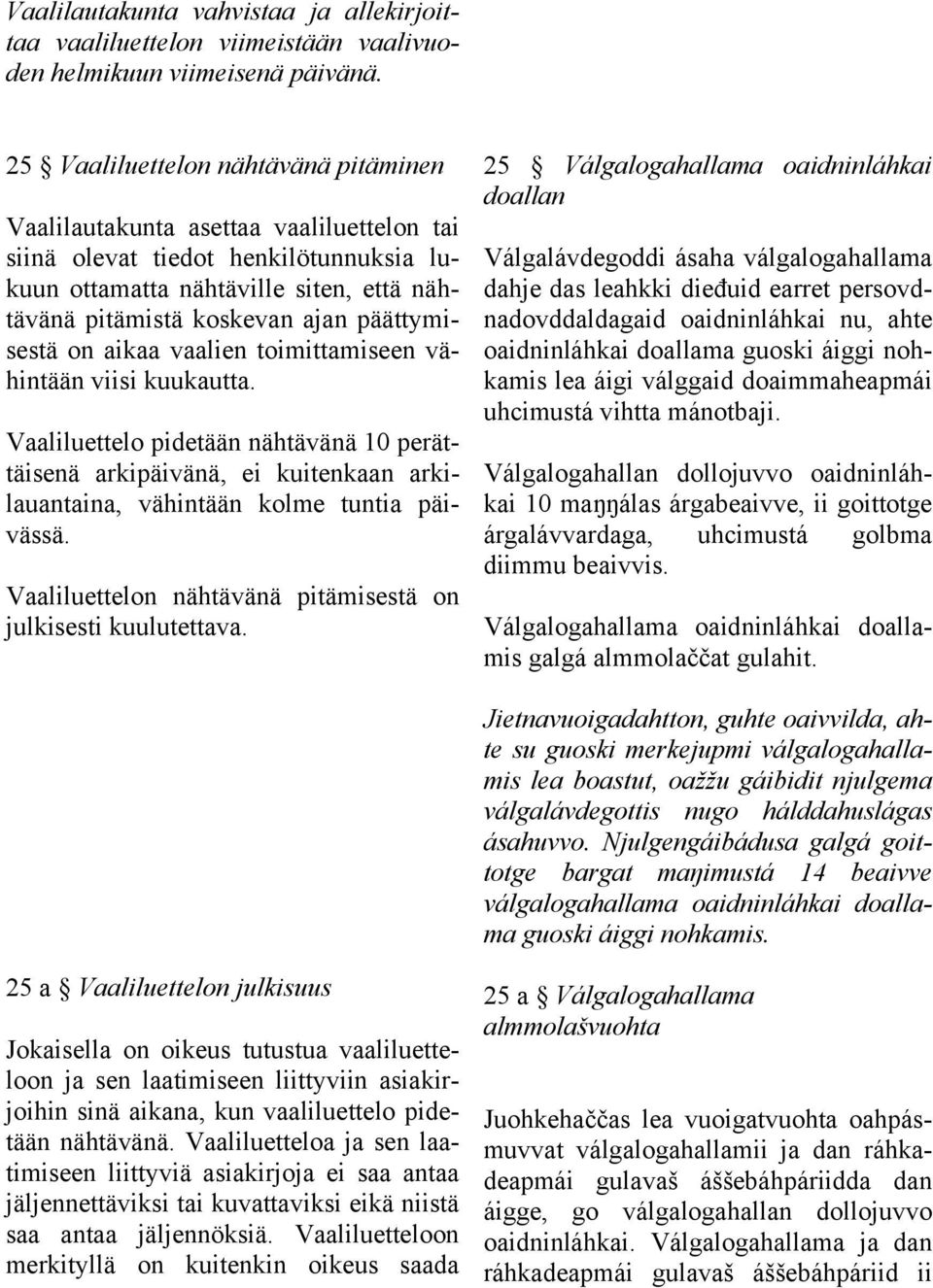 päättymisestä on aikaa vaalien toimittamiseen vähintään viisi kuukautta. Vaaliluettelo pidetään nähtävänä 10 perättäisenä arkipäivänä, ei kuitenkaan arkilauantaina, vähintään kolme tuntia päivässä.