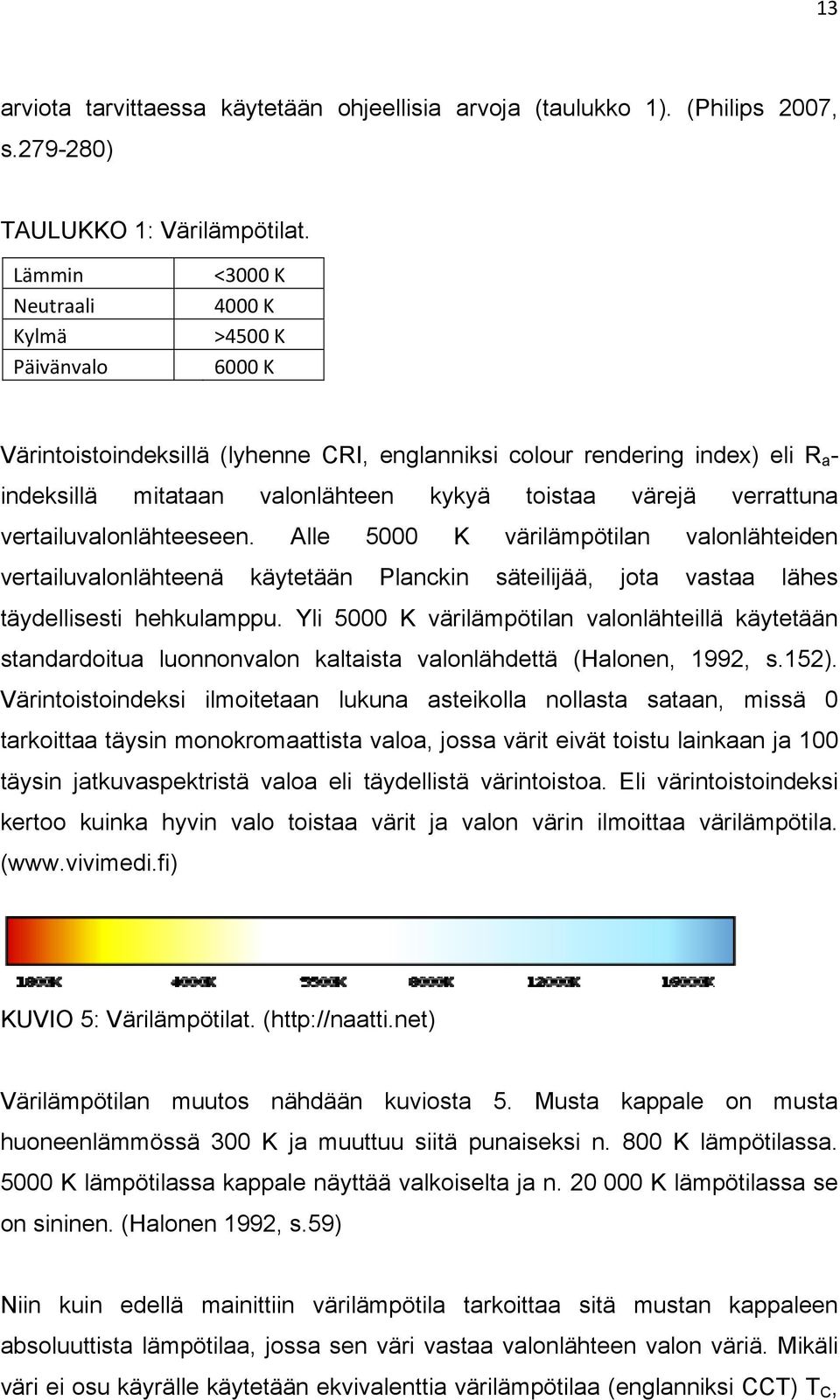 verrattuna vertailuvalonlähteeseen. Alle 5000 K värilämpötilan valonlähteiden vertailuvalonlähteenä käytetään Planckin säteilijää, jota vastaa lähes täydellisesti hehkulamppu.