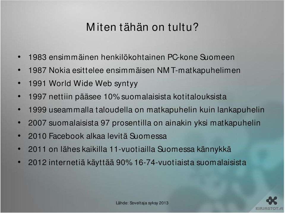 syntyy 1997 nettiin pääsee 10% suomalaisista kotitalouksista 1999 useammalla taloudella on matkapuhelin kuin lankapuhelin 2007