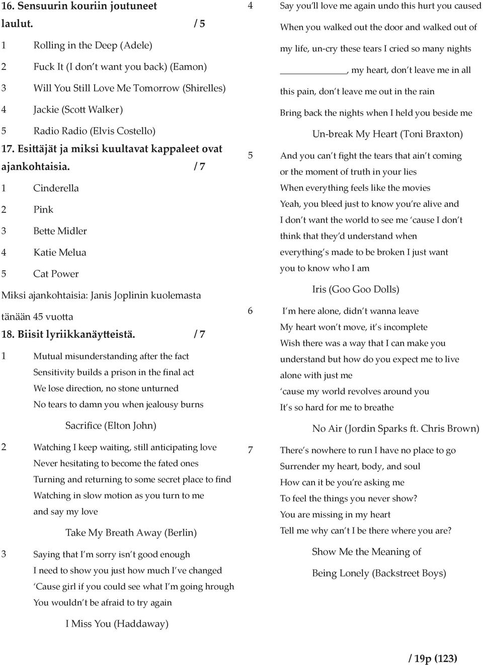 Esi äjät ja miksi kuultavat kappaleet ovat ajankohtaisia. / 7 1 Cinderella 2 Pink 3 Be e Midler 4 Katie Melua 5 Cat Power Miksi ajankohtaisia: Janis Joplinin kuolemasta tänään 45 vuo a 18.