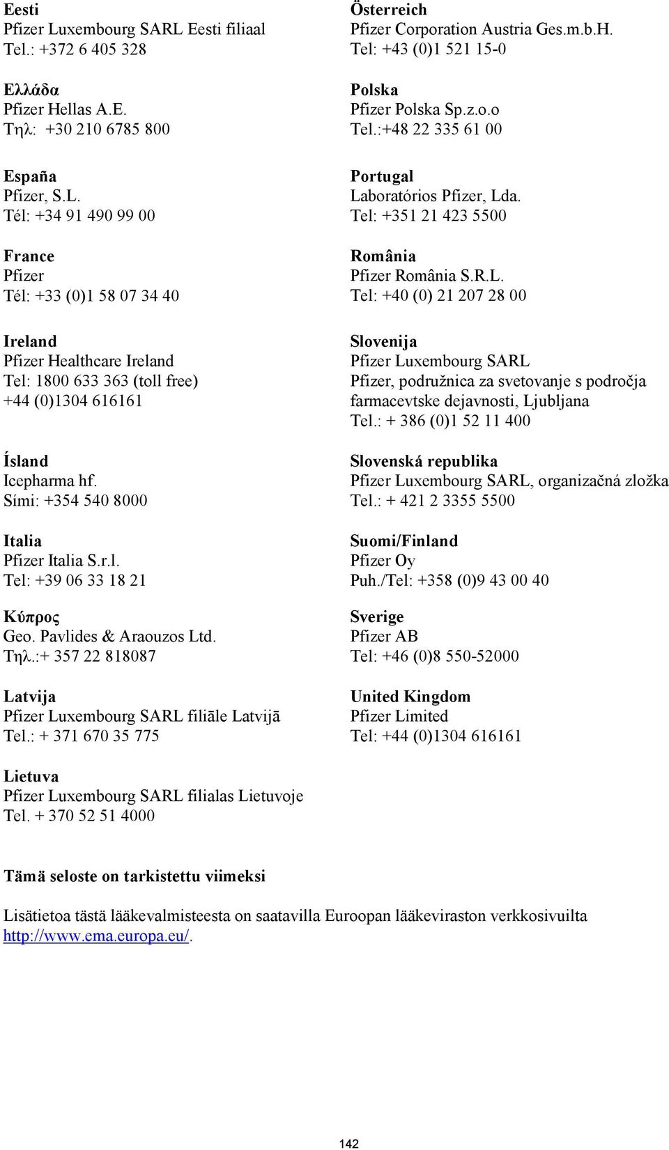 : + 371 670 35 775 Österreich Pfizer Corporation Austria Ges.m.b.H. Tel: +43 (0)1 521 15-0 Polska Pfizer Polska Sp.z.o.o Tel.:+48 22 335 61 00 Portugal Laboratórios Pfizer, Lda.