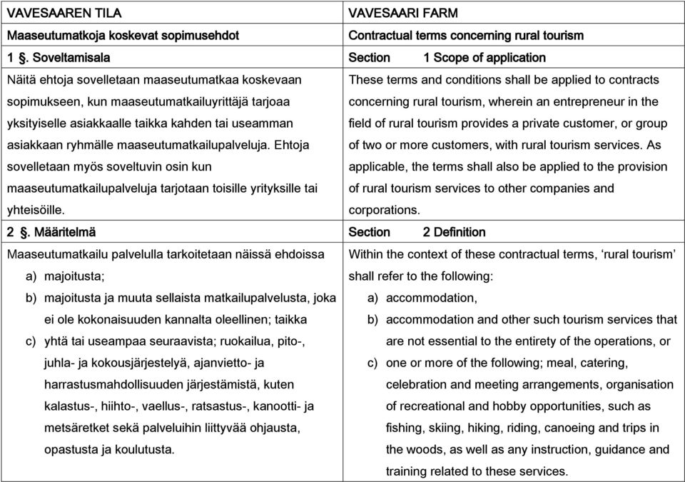 asiakkaan ryhmälle maaseutumatkailupalveluja. Ehtoja sovelletaan myös soveltuvin osin kun maaseutumatkailupalveluja tarjotaan toisille yrityksille tai yhteisöille.
