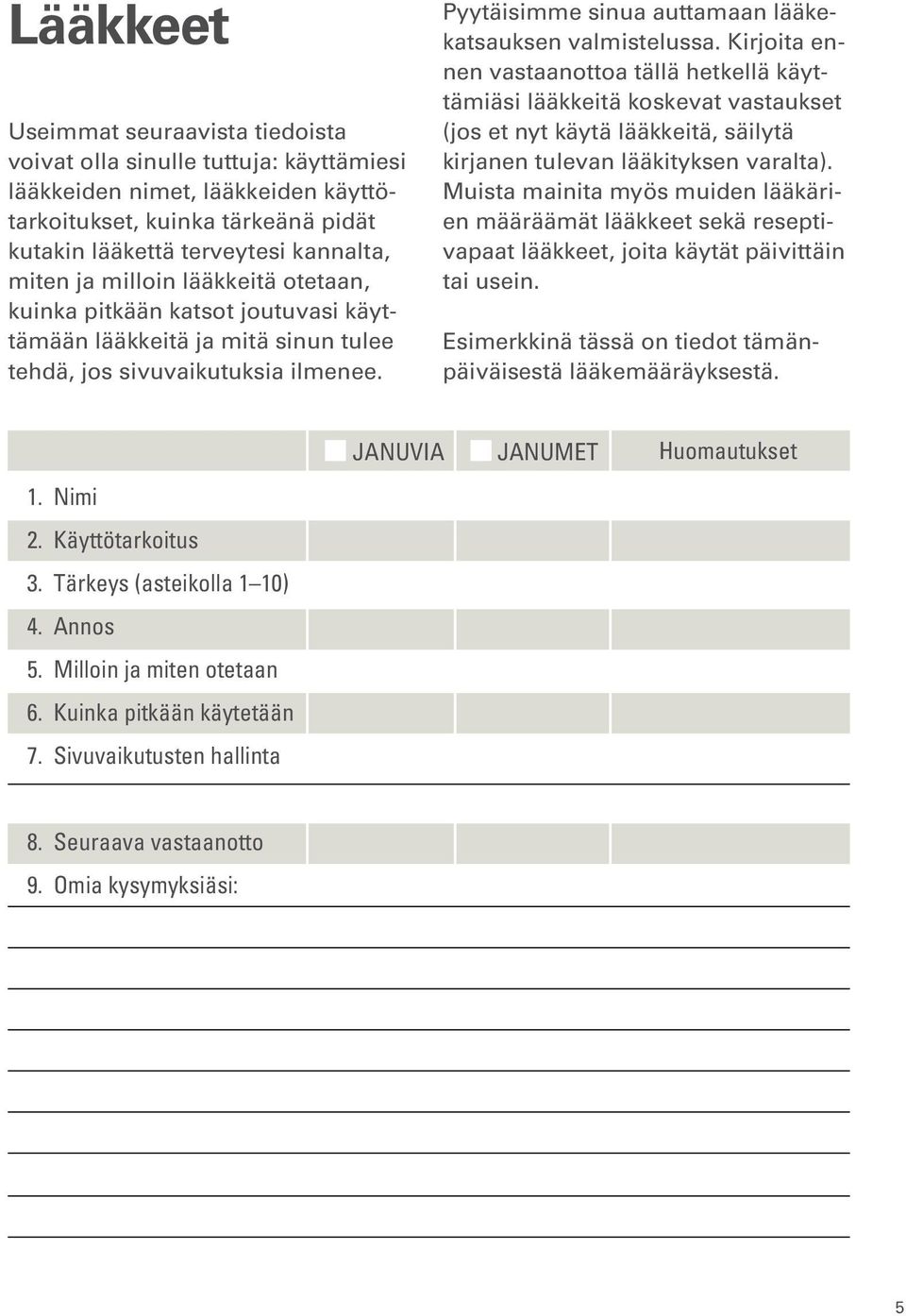 Kirjoita ennen vastaanottoa tällä hetkellä käyttämiäsi lääkkeitä koskevat vastaukset (jos et nyt käytä lääkkeitä, säilytä kirjanen tulevan lääkityksen varalta).