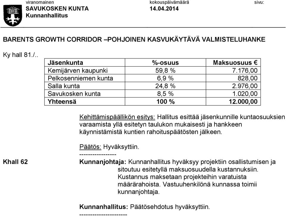 000,00 Kehittämispäällikön esitys: Hallitus esittää jäsenkunnille kuntaosuuksien varaamista yllä esitetyn taulukon mukaisesti ja hankkeen käynnistämistä kuntien rahoituspäätösten jälkeen.