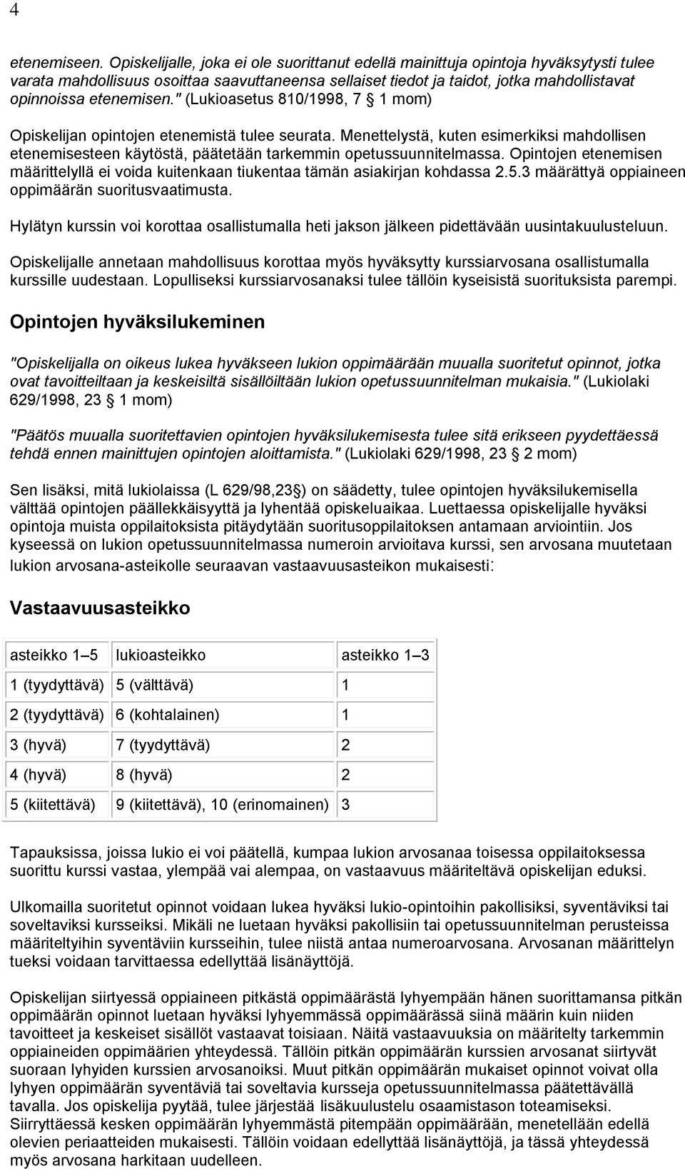 " (Lukioasetus 810/1998, 7 1 mom) Opiskelijan opintojen etenemistä tulee seurata. Menettelystä, kuten esimerkiksi mahdollisen etenemisesteen käytöstä, päätetään tarkemmin opetussuunnitelmassa.