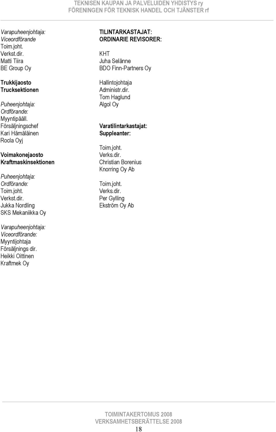 TILINTARKASTAJAT: ORDINARIE REVISORER: KHT Juha Selänne BDO Finn-Partners Oy Hallintojohtaja Administr.dir.