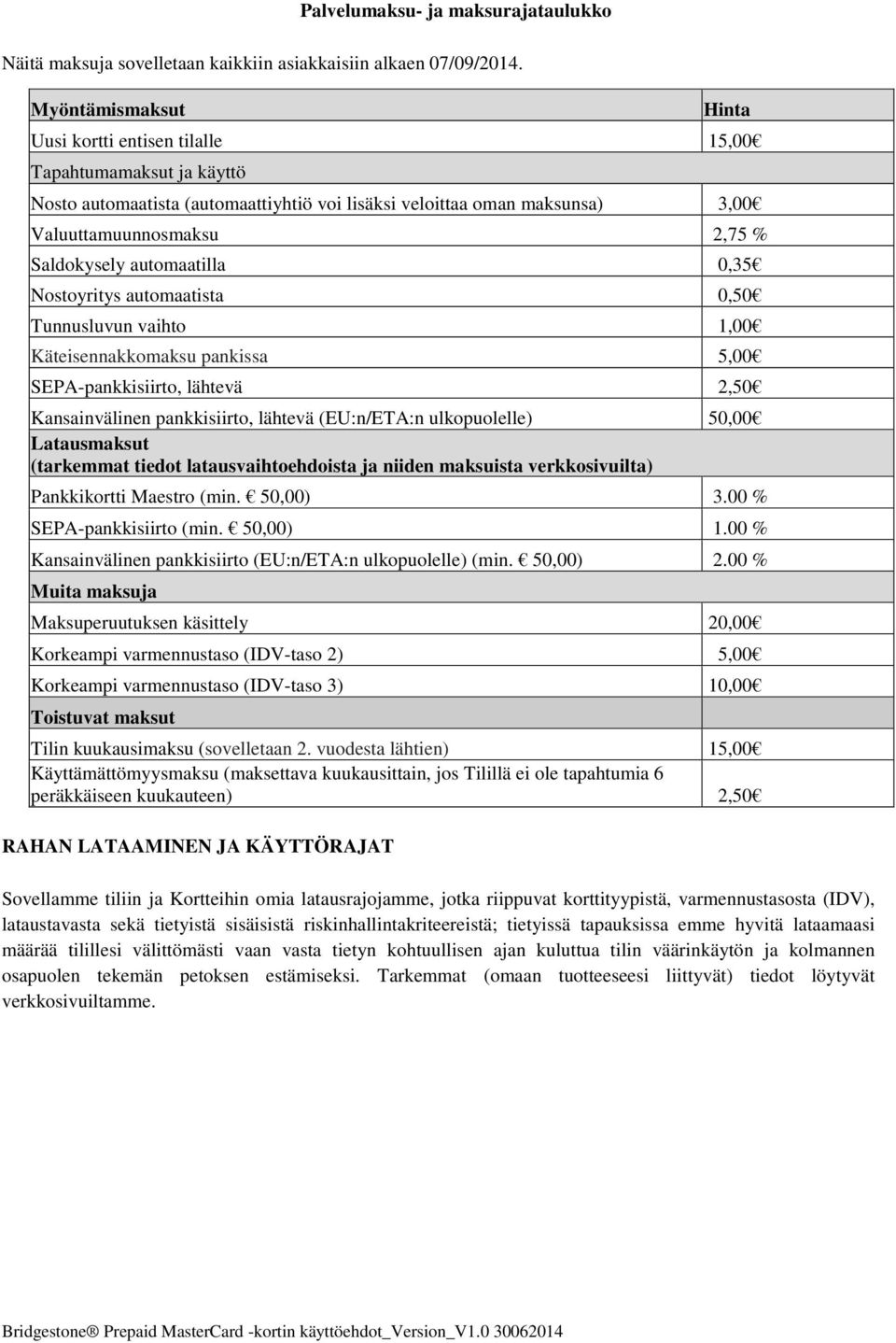 automaatilla 0,35 Nostoyritys automaatista 0,50 Tunnusluvun vaihto 1,00 Käteisennakkomaksu pankissa 5,00 SEPA-pankkisiirto, lähtevä 2,50 Kansainvälinen pankkisiirto, lähtevä (EU:n/ETA:n ulkopuolelle)