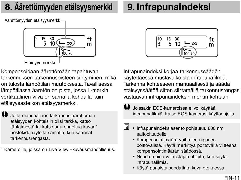 Tavallisessa lämpötilassa ääretön on piste, jossa L-merkin vertikaalinen viiva on samalla kohdalla kuin etäisyysasteikon etäisyysmerkki.