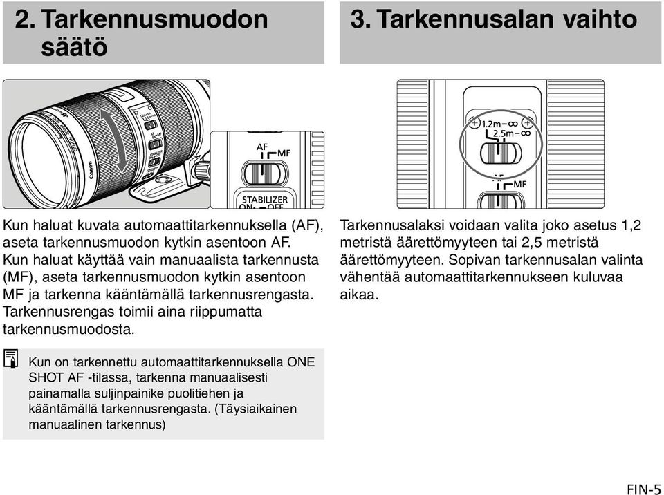 Tarkennusrengas toimii aina riippumatta tarkennusmuodosta. Tarkennusalaksi voidaan valita joko asetus 1,2 metristä äärettömyyteen tai 2,5 metristä äärettömyyteen.